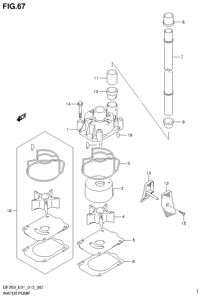 Suzuki DF200T, DF200Z, DF225T, DF225Z, DF250T, DF250Z WATER PUMP (DF200T E1) parts diagram